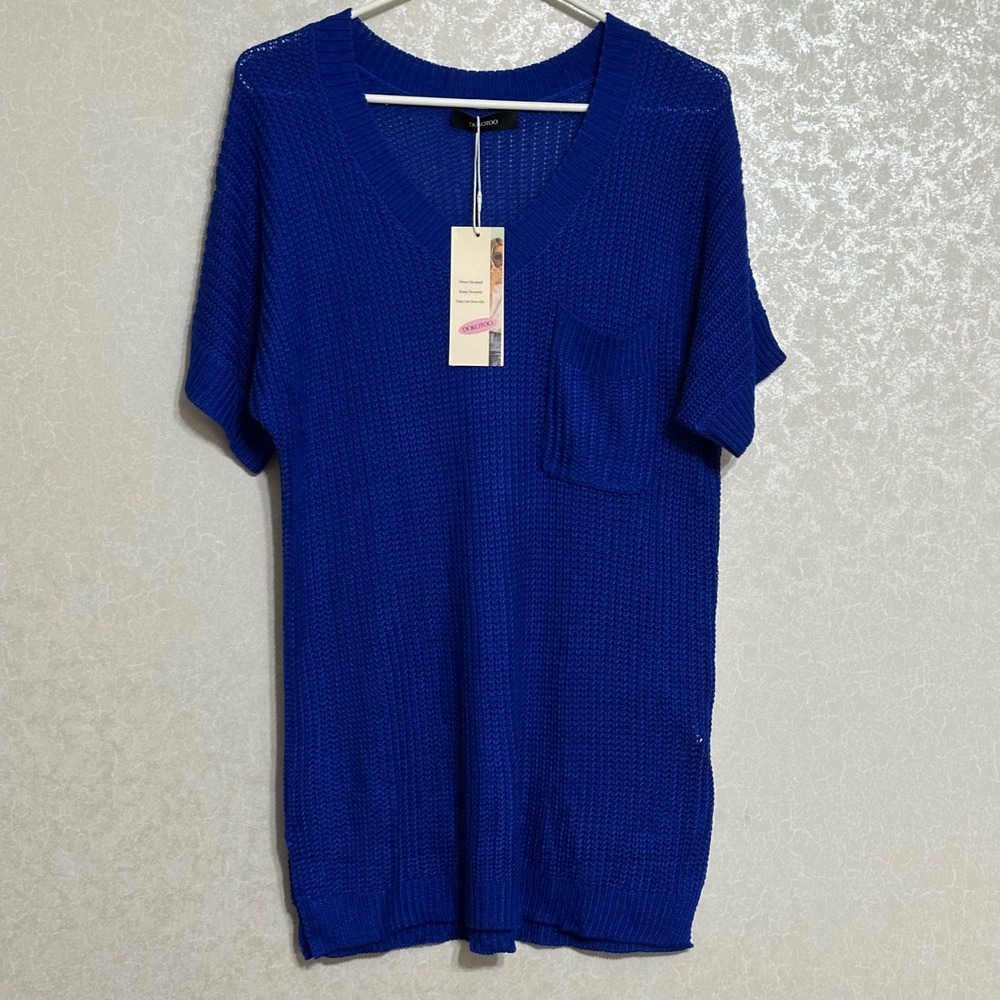 Dokotoo‎ V-Neck Short Sleeve Sweater Open Knit Crochet Pocket Blue Boho New L
